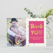 Gouden Confetti roze bruiloft dank u fotokaarten Bedankkaart (Staand voorkant)