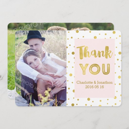 Gouden Confetti roze bruiloft dank u fotokaarten Bedankkaart (Voorkant / Achterkant)