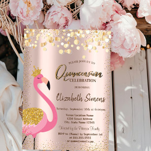 Gouden confetti Roze Flamingo Roze Goud Quinceañer Kaart