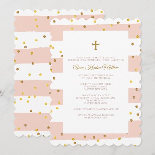 Gouden Confetti Roze Religieuze Uitnodiging (Voorkant / Achterkant)