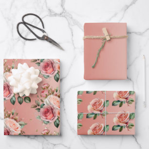 Gouden Confetti Roze Rozen Bloemrijke Bruidsdouche Inpakpapier Vel
