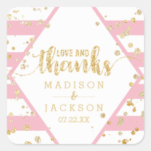 Gouden confetti & roze strepen Huwelijk Bedankjes Vierkante Sticker