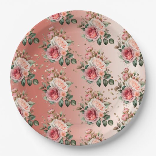 Gouden Confetti Rozen Bloemen Papieren Bordje (Voorkant)