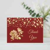Gouden confetti, rozen op rode Huwelijk  Dank je Bedankkaart (Staand voorkant)