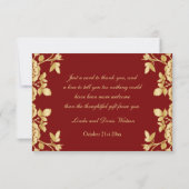 Gouden confetti, rozen op rode Huwelijk  Dank je Bedankkaart (Achterkant)