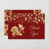 Gouden confetti, rozen op rode Huwelijk  Dank je Bedankkaart (Voorkant / Achterkant)