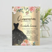 Gouden confetti,rozen zwarte jurk Quinceañera Kaart (Staand voorkant)