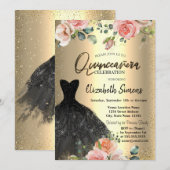 Gouden confetti,rozen zwarte jurk Quinceañera Kaart (Voorkant / Achterkant)