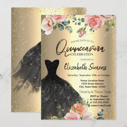 Gouden confetti,rozen zwarte jurk Quinceañera Kaart (Voorkant / Achterkant)