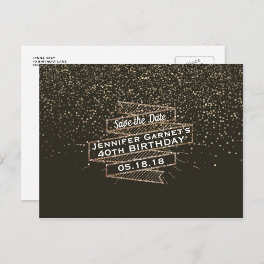 Gouden Confetti Save the Date Elegant Verjaardagsf Aankondigingskaart (Voorkant / Achterkant)