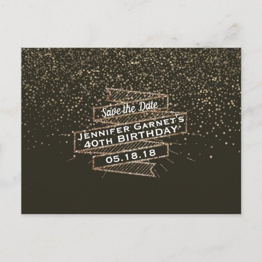 Gouden Confetti Save the Date Elegant Verjaardagsf Aankondigingskaart (Voorkant)