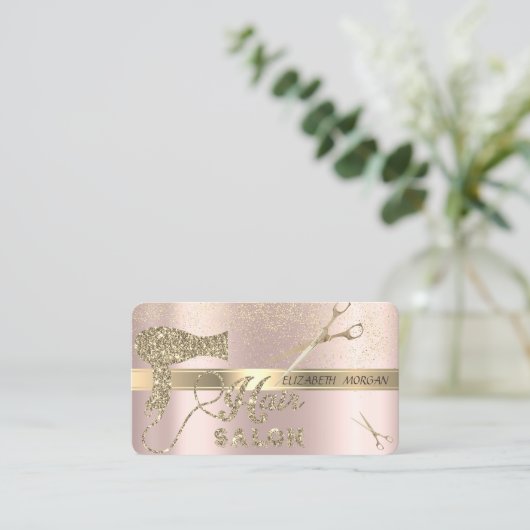 Gouden Confetti, Schaar, Haardroger Roos Goud Visitekaartje (Staand voorkant)