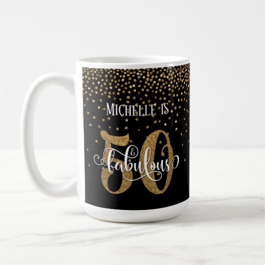 Gouden Confetti Script 50 & Fabulous over Zwart Koffiemok (Links)