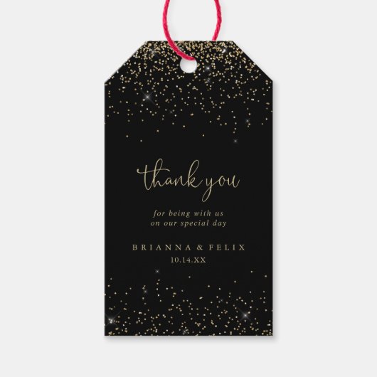 Gouden Confetti Script bruiloft dank u Cadeaulabel (Voorkant)