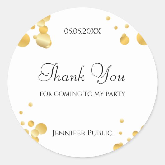 Gouden Confetti Sjabloon dank u script Elegant Ronde Sticker (Voorkant)