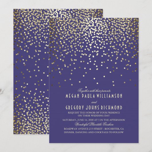 Gouden Confetti - Starry Lights Navy Wedding Kaart (Voorkant / Achterkant)
