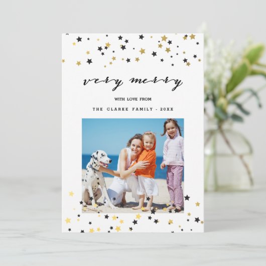 Gouden Confetti Sterren | Kerst Foto Kaart (Staand voorkant)