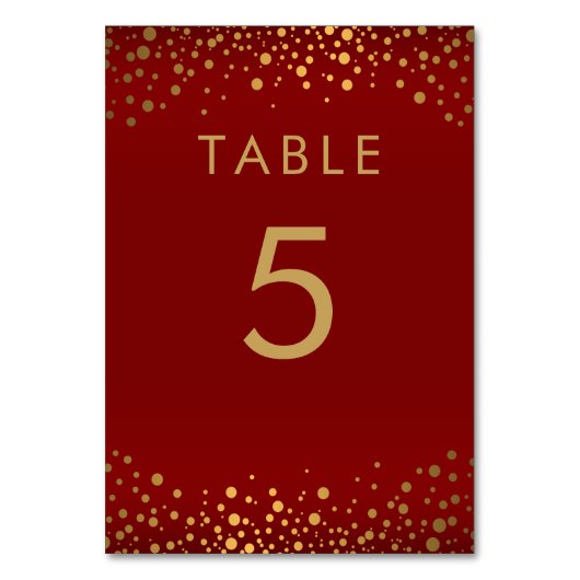 Gouden Confetti Stippen en Maroon Rood - Tafelnumm Kaart (Voorkant)