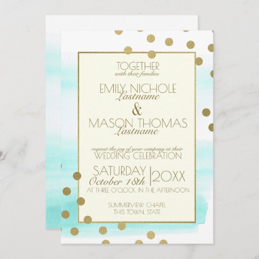Gouden Confetti Stippen en Waterverf bruiloft Kaart (Voorkant / Achterkant)