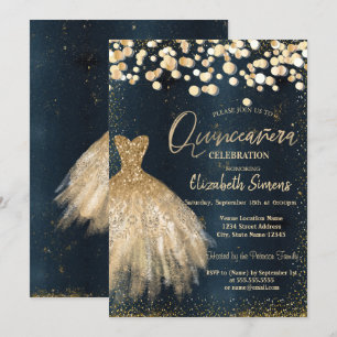 Gouden confetti stippen, jurk donkerblauwe Quincea Kaart