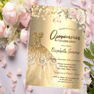 Gouden confetti stippen,Jurk,Rosen Quinceañera Kaart