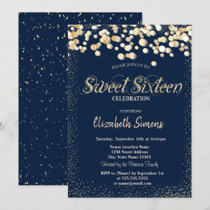 Gouden confetti stippen marineblauw Sweet 16 Kaart
