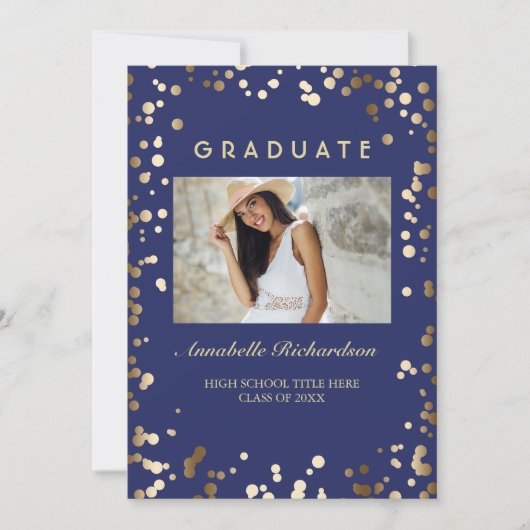 Gouden Confetti Stippen Navy Elegant Foto Afstuder Kaart (Voorkant)