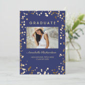 Gouden Confetti Stippen Navy Elegant Foto Afstuder Kaart (Staand voorkant)