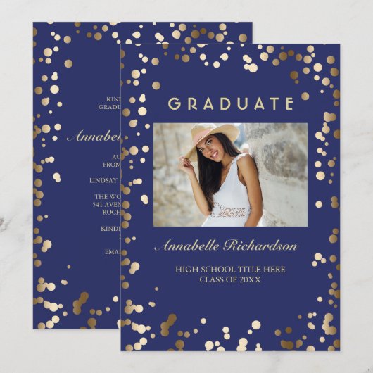Gouden Confetti Stippen Navy Elegant Foto Afstuder Kaart (Voorkant / Achterkant)
