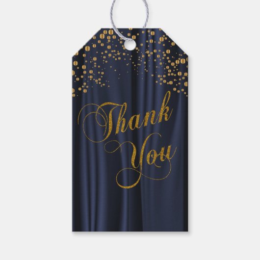 Gouden Confetti Stippen op Navy Blue Satin | Dank Cadeaulabel (Voorkant)