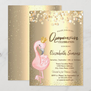 Gouden confetti stippen, Roze Flamingo Kroon Quinc Kaart