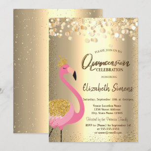 Gouden confetti stippen, Roze Flamingo Quinceañera Kaart