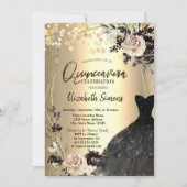 Gouden Confetti Stippen, Rozen, Lijst Zwart Jurk Kaart (Voorkant)