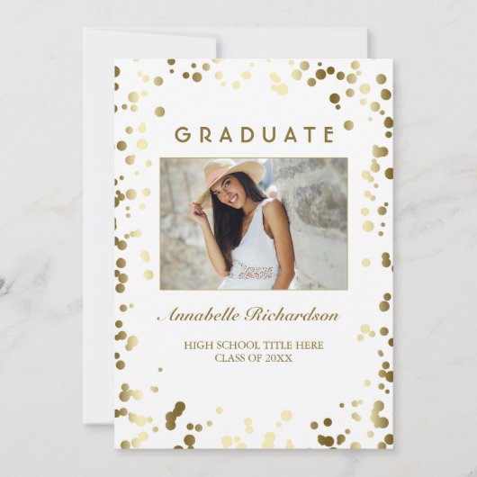 Gouden Confetti Stippen Wit Elegant Foto Afstudere Kaart (Voorkant)