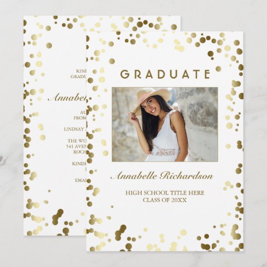 Gouden Confetti Stippen Wit Elegant Foto Afstudere Kaart (Voorkant / Achterkant)