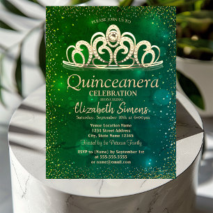 Gouden confetti-tiara waterverf groen Quinceañera Kaart