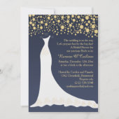 Gouden confetti, trouwjurk op blauw Vrijgezellenfe Kaart (Voorkant)