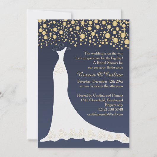 Gouden confetti, trouwjurk op blauw Vrijgezellenfe Kaart (Voorkant)