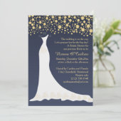 Gouden confetti, trouwjurk op blauw Vrijgezellenfe Kaart (Staand voorkant)