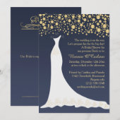 Gouden confetti, trouwjurk op blauw Vrijgezellenfe Kaart (Voorkant / Achterkant)