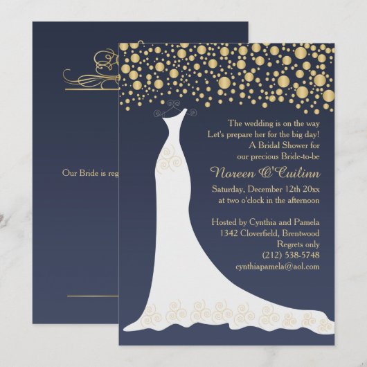 Gouden confetti, trouwjurk op blauw Vrijgezellenfe Kaart (Voorkant / Achterkant)