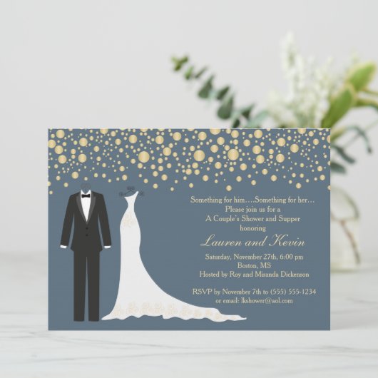 Gouden confetti, Tuxedo & Gown Trouwdouche Kaart (Staand voorkant)