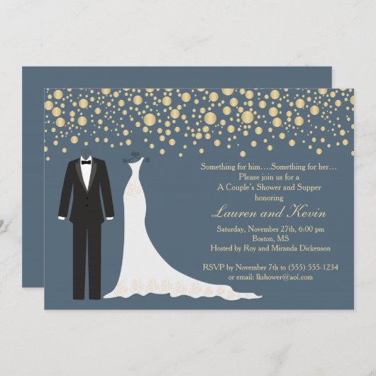 Gouden confetti, Tuxedo & Gown Trouwdouche Kaart (Voorkant / Achterkant)