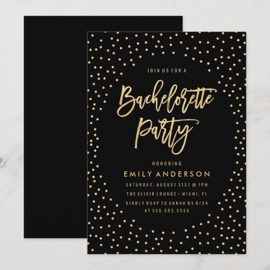 Gouden Confetti | Uitnodiging voor vrijgezellenfee (Voorkant / Achterkant)