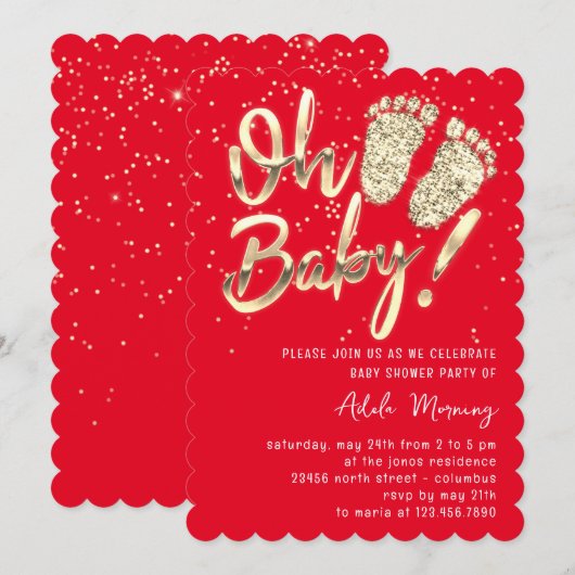 Gouden Confetti Voeten Baby Shower Script Rood Kaart (Voorkant / Achterkant)
