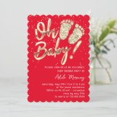 Gouden Confetti Voeten Baby Shower Script Rood Kaart (Staand voorkant)