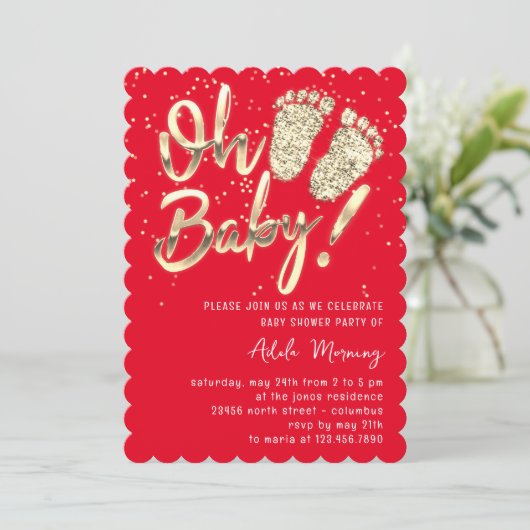Gouden Confetti Voeten Baby Shower Script Rood Kaart (Staand voorkant)