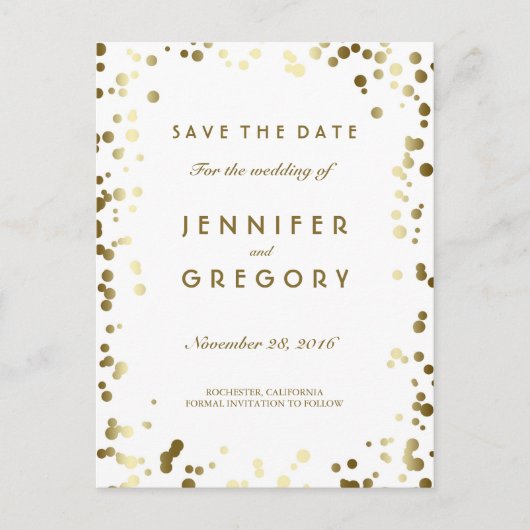 Gouden Confetti Wit Elegant Save the Date Aankondigingskaart (Voorkant)