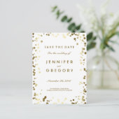 Gouden Confetti Wit Elegant Save the Date Aankondigingskaart (Staand voorkant)