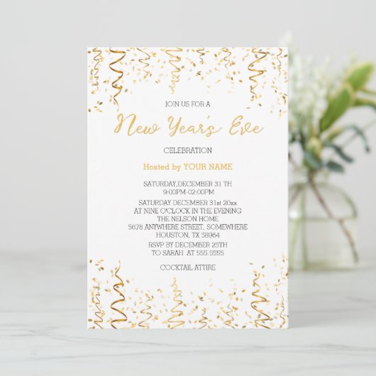 Gouden confetti Wit Elegante Nieuwjaarsuitnodiging Save The Date (Staand voorkant)